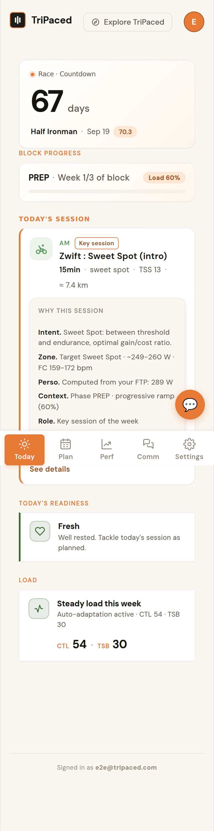 TriPaced app preview: today's adaptive session with its intent, target zones and scientific source.